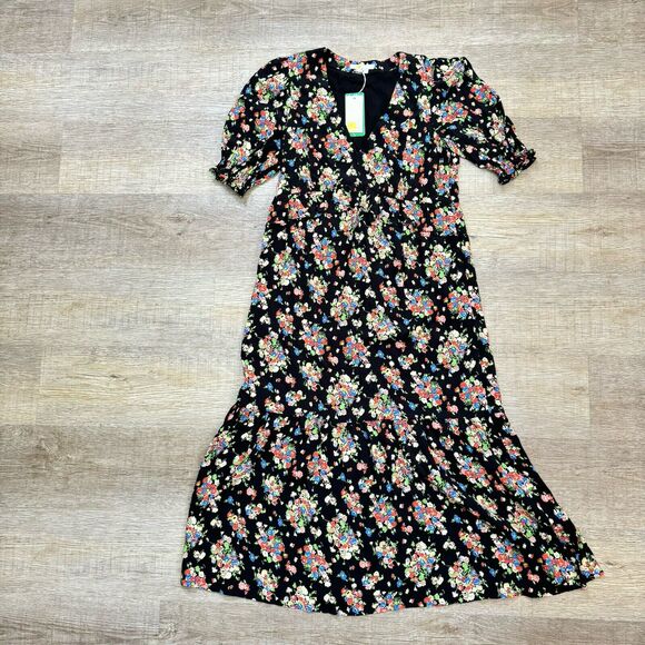 Boden Dress Wild Cluster 12UK 8USCrew Neck Knee Length Floral Black Long Sleeve‎ - Picture 1 of 12